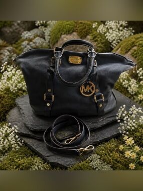 Michael Kors Black Leather Satchel with Gold Accents